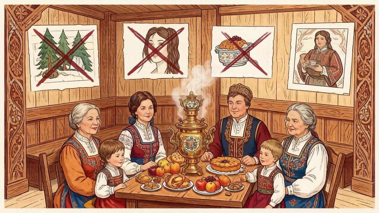 Семья за столом с пирогами и символические запреты — иллюстрация к традициям Скирдников